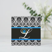 ブラック ホワイト ブルー ダマスク モノグラム サファイア メタリック 招待状 (スタンド正面)