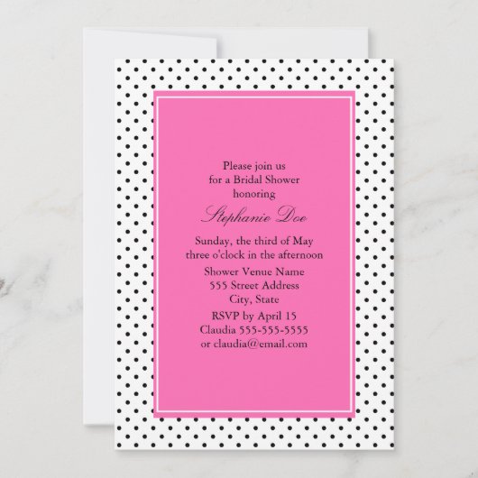 ブラック、ホワイト、ホットピンクの水玉模様ブライダルシャワー 招待状 (正面)