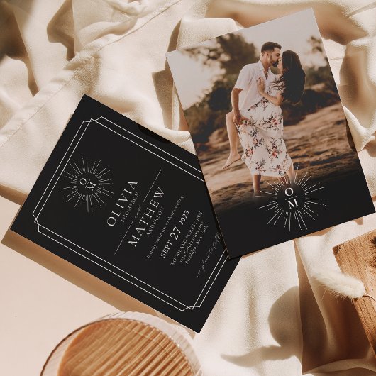 ブラック ホワイト ミッド センチュリー 70年代 モノグラム フォト ウェディング 招待状