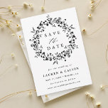 ブラック＆ホワイト モダン ボヘミア ワイルドフラワー ウェディング フォト セーブザデート<br><div class="desc">このエレガントなウェディング セーブ・ザ・デート カードは、裏面にあなたのお写真を飾るワイルドフラワーのシルエット リングを特徴としています。 このデザインのより高度なカスタマイズについては、上の青いデザイン ツール ボタンをクリックしてください。</div>