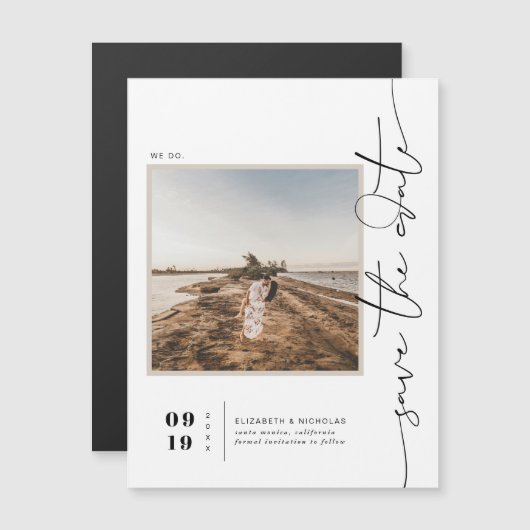 ブラック＆ホワイト | モダン ミニマル セーブ ザ デート 写真 マグネット招待状 (正面/裏面)