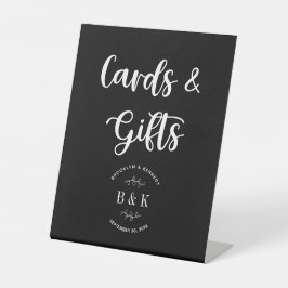 ブラック ホワイト モノグラム フラワー ウェディング カード & ギフト 台座サイン