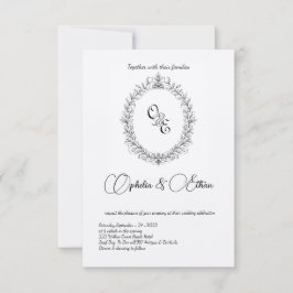 ブラック＆ホワイト モノグラム ヴィクトリアン クレスト ウェディング 招待状