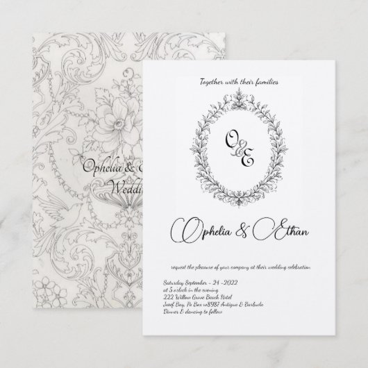 ブラック＆ホワイト モノグラム ヴィクトリアン クレスト ウェディング 招待状 (正面/裏面)