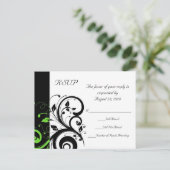 ブラック/ホワイト/ライムグリーンはっきりしたスワールウェディングRSVP インビテーションポストカード (スタンド正面)