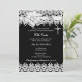 ブラック ホワイト リボン&レース 十字架 洗礼招待状 招待状 (スタンド正面)