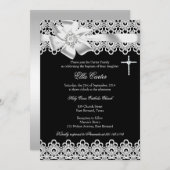 ブラック ホワイト リボン&レース 十字架 洗礼招待状 招待状 (正面/裏面)