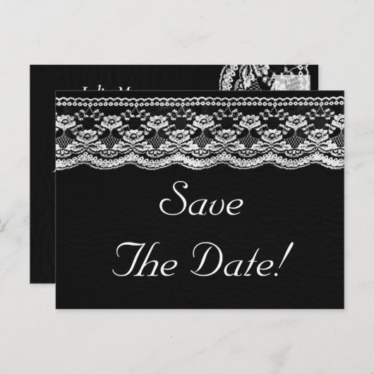 ブラック&ホワイト レザー&レース ウェディング セーブ・ザ・デート 案内ポストカード (正面/裏面)