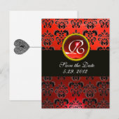 ブラック、ホワイト、レッドのダマスク柄、ルビーのモノグラム 案内ポストカード (正面/裏面)