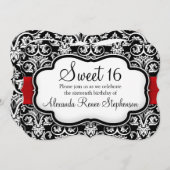 ブラック/ホワイト/レッドダマスク型甘い16女の子パーティー 招待状 (正面/裏面)