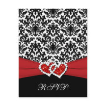 ブラック ホワイト レッド ダマスク、ハートのつながる RSVP カード
