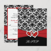 ブラック ホワイト レッド ダマスク、ハートのつながるRSVPカード 出欠カード (正面/裏面)