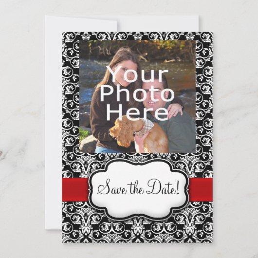 ブラック/ホワイト/レッド リボン ダマスク セーブ・ザ・デート (正面)
