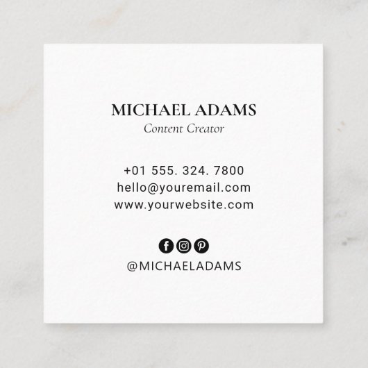 ブラック&ホワイト |ロゴシンプルとソーシャルメディア スクエア名刺 (裏面)