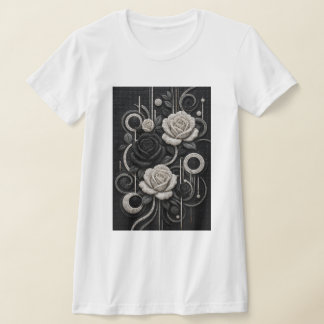 ブラック&ホワイト ローズ 3D マイクロモザイク Tシャツ