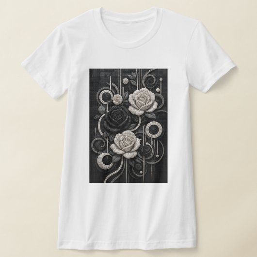 ブラック&ホワイト ローズ 3D マイクロモザイク Tシャツ (レイダウン)