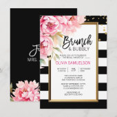 ブラック ホワイト 水彩 ピンク 花柄 ブランチ & バブル 招待状 (正面/裏面)