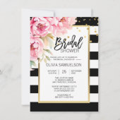ブラック ホワイト 水彩 ピンク 花 モダン ウェディング シャワー 招待状 (正面)