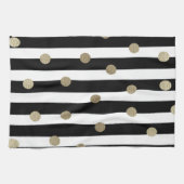 ブラック、ホワイト、金ゴールドドットとストライプ キッチンタオル (横)