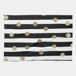 ブラック、ホワイト、金ゴールドドットとストライプ キッチンタオル