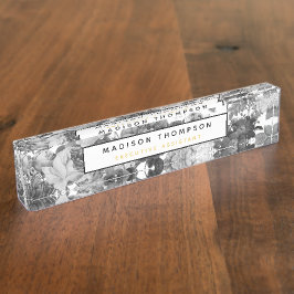 ブラック、ホワイト、金ゴールドヴィンテージフローラプロフェッショナル デスクネームプレート