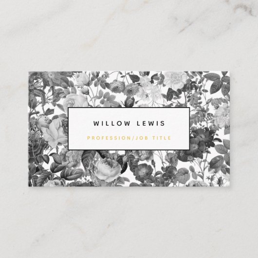 ブラック、ホワイト、金ゴールドヴィンテージフローラプロフェッショナル 名刺 (正面)