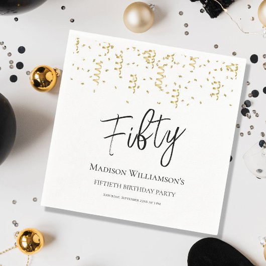 ブラック・ホワイト&金ゴールド50歳の誕生日パーティー スタンダードカクテルナプキン