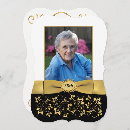 ブラック、ホワイト、金ゴールド65thフォト誕生日招待状2 招待状 (正面/裏面)
