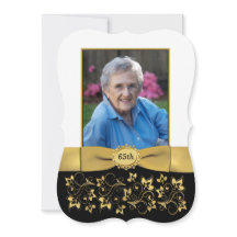 ブラック、ホワイト、金ゴールド65thフォト誕生日招待状2