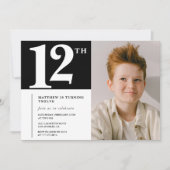ブラック ホワイト 12歳の誕生日パーティーの招待状 おしゃれな写真 招待状 (正面)