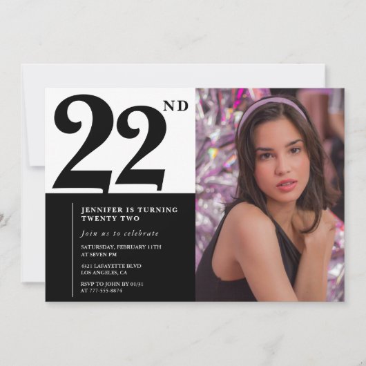 ブラック ホワイト 22歳の誕生日パーティーの招待状 写真入り 招待状 (正面)