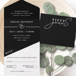 ブラック＆ホワイト 50歳の誕生日または結婚記念日 オールインワン招待状