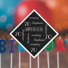 ブラック&ホワイト 70歳の誕生日パーティーの繰り返し名前 スタンダードカクテルナプキン