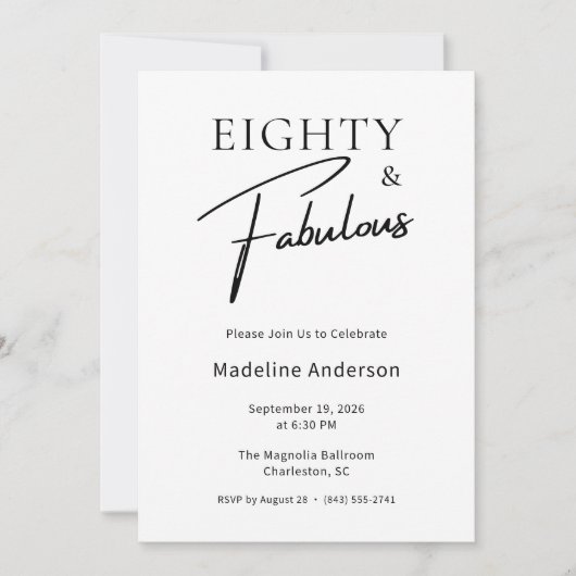 ブラック ホワイト 80歳の誕生日パーティー Eighty & Fabulous 招待状 (正面)