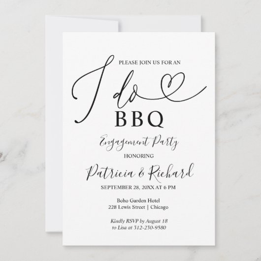 ブラック&ホワイト I DO BBQ 婚約パーティー 案内状 (正面)