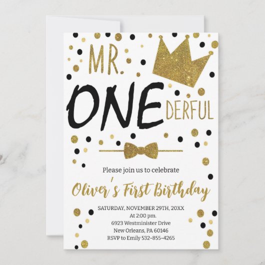 ブラック&ホワイト、Mr.Onederful誕生日、1st Birtday 招待状 (正面)