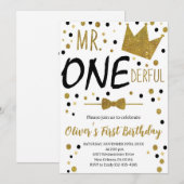 ブラック&ホワイト、Mr.Onederful誕生日、1st Birtday 招待状 (正面/裏面)