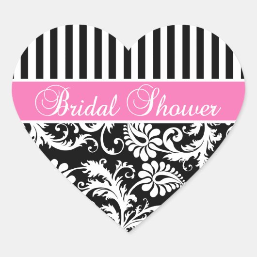 ブラック、ホワイト、PInkダマスクブライダルシャワーステッカー ハートシール (正面)