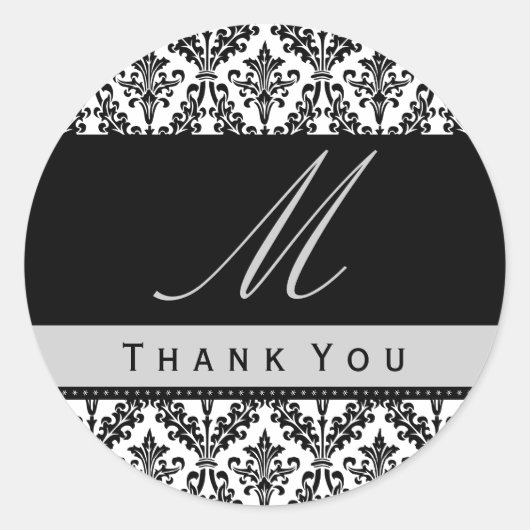 ブラック&ホワイトDamask Monogram結婚's THANK YOU St ラウンドシール (正面)