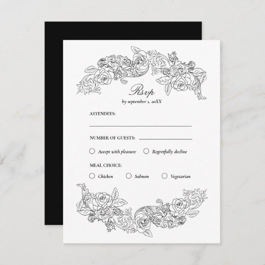 ブラック&ホワイトRococo Meal Choice RSVPカード (正面/裏面)