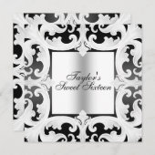 ブラック/ホワイトSweet16ダマスクデザイン誕生日招待状 招待状 (正面/裏面)