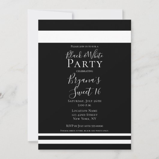 ブラック&ホワミニマルイトミニマルスイート16誕生日 招待状 (正面)