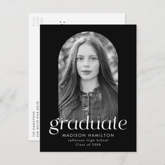 ブラック |ミニマモダンリスト写真卒業パーティー インビテーションポストカード (正面/裏面)
