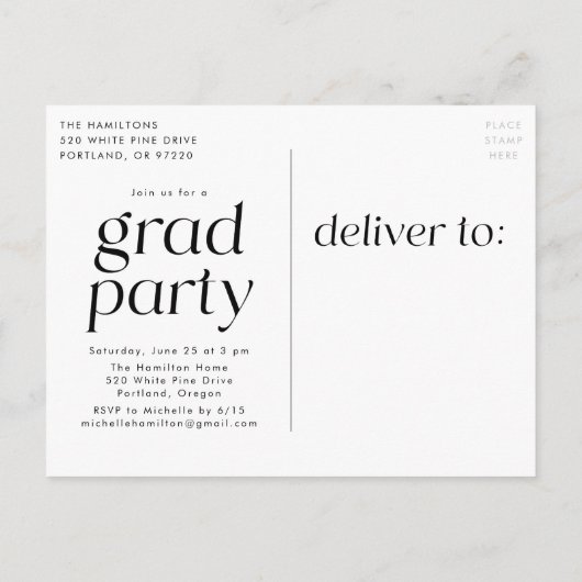ブラック |ミニマモダンリスト写真卒業パーティー インビテーションポストカード (裏面)