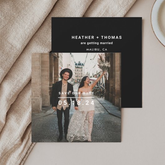 ブラック ミニマリスト フォト セーブ アワ デート スクエア セーブザデート