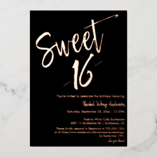 ブラック ミニマリスト Sweet 16 バースデー ローズゴールド 箔招待状