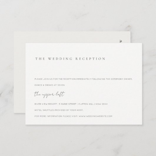 ブラック&ミニマルホワイトタイポグラフィウェディングレセプション エンクロージャーカード (正面/裏面)