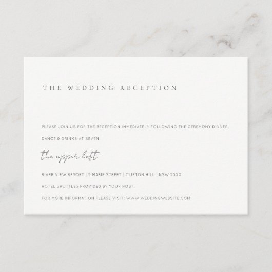 ブラック&ミニマルホワイトタイポグラフィウェディングレセプション エンクロージャーカード (正面)