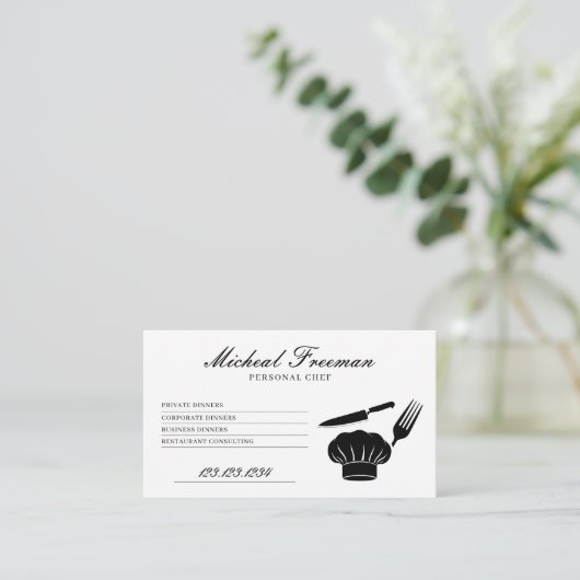 ブラック&ミニマルホワイトレシピパーソナルシェフ 名刺 (スタンド正面)