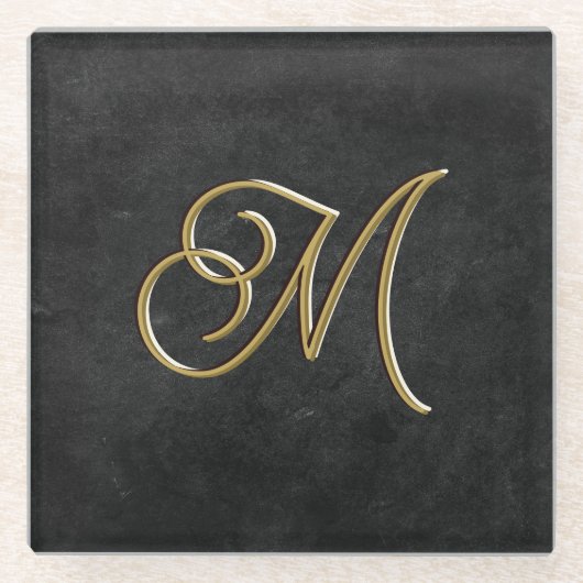 ブラック&ミニマル金ゴールドヴィンテージラグジュアリーモノグラム ガラスコースター (正面)